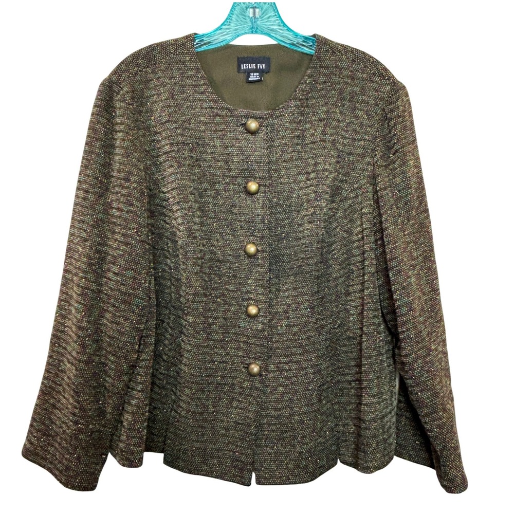 Leslie Fay Blazer Women 16WP Green Metallic Tweed Button Front Jacket Academia - Picture 1 of 13